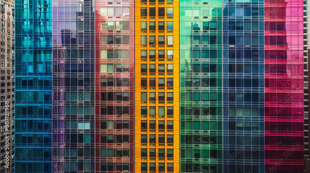 Obraz premium Close-up on a spectrum of skyscraper facades, each pane a different hue, portraying the vibrant pulse of the city