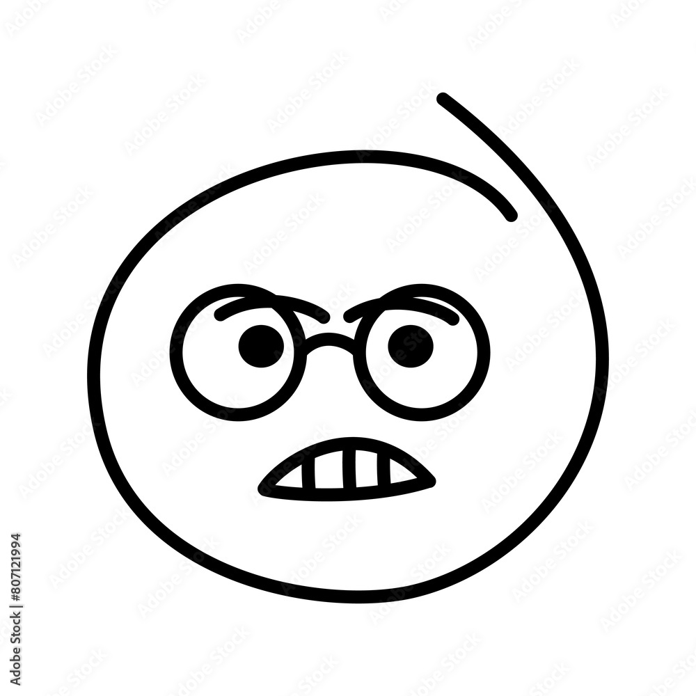 Black and white drawing of an angry emoticon with open eyes, eyebrows and an open toothy mouth. Smiley bespectacled man wearing round glasses Black and white drawing of an angry emoticon with open eyes, eyebrows and an open toothy mouth. Smiley bespectacled man wearing round glasses