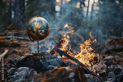 Grilled Rotating Earth Globe Roasting Over Blazing Campfire in Dramatic Wilderness Setting