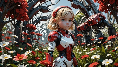 3D rendering of a female robot girl in a garden with flowers.
