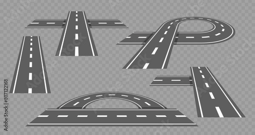Vector Set Of Different Road Section Perspectives. Straight, Curved And Intersection Designs In Grayscale