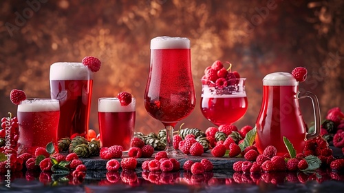 Raspberry beer in various glass vessels and fresh raspberries and hops on a reflective mirror surface. Artistic installation in vibrant red color