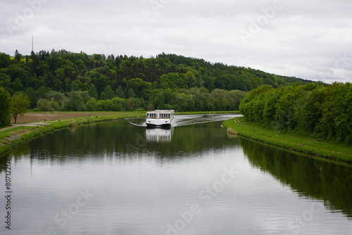 Excursion boat on the Danube river near Bad Abbach, Bavaria, Germany.