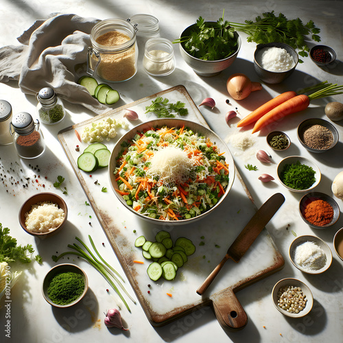 Jukut Urab Balinese Salad on Sunlit Marble Counter photo