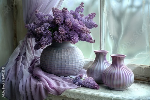 Purple flowers in vases by window  Botanys beauty on display