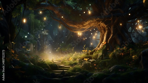 A magical forest illuminated by the soft glow of fireflies, where animated woodland creatures playfully interact under the canopy of ancient trees. photo