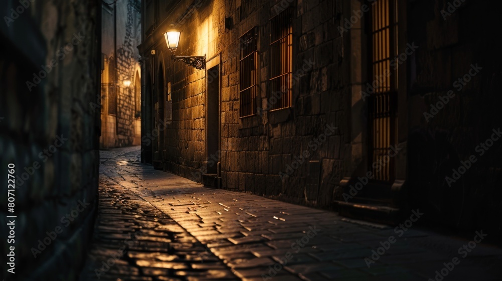 Narrow alleyway in an ancient city bathed in the golden glow of warm streetlights, casting long shadows on cobblestones.