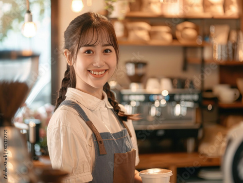 Young female barista smiling behind coffee counter in warm cozy café interior environment