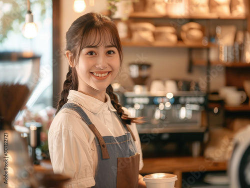 Portrait of a woman in front of a coffee shop