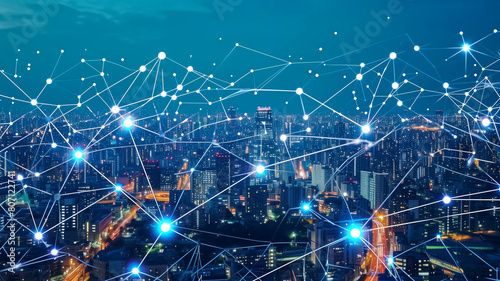 A vivid depiction of a smart city network, illustrating interconnected data points and a bustling urban skyline at night.
 photo