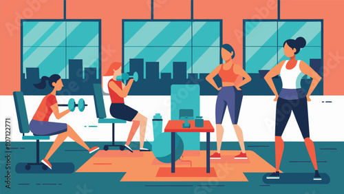 A team of coworkers doing a circuit training session in an empty conference room using chairs and tables as exercise equipment.. Vector illustration