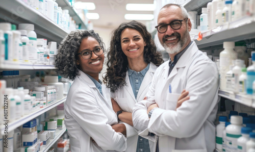 A pharmacist smiles confidently with his colleagues against a backdrop of drug shelves.