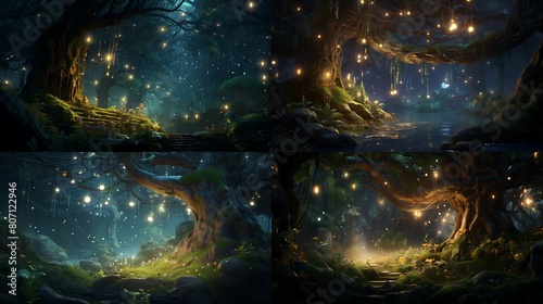 A magical forest illuminated by the soft glow of fireflies, where animated woodland creatures playfully interact under the canopy of ancient trees. photo
