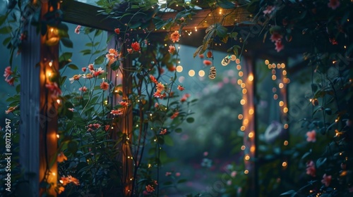 A serene twilight scene in a garden pergola, gracefully decorated with fairy lights and vibrant, blooming flowers creating a tranquil ambiance.