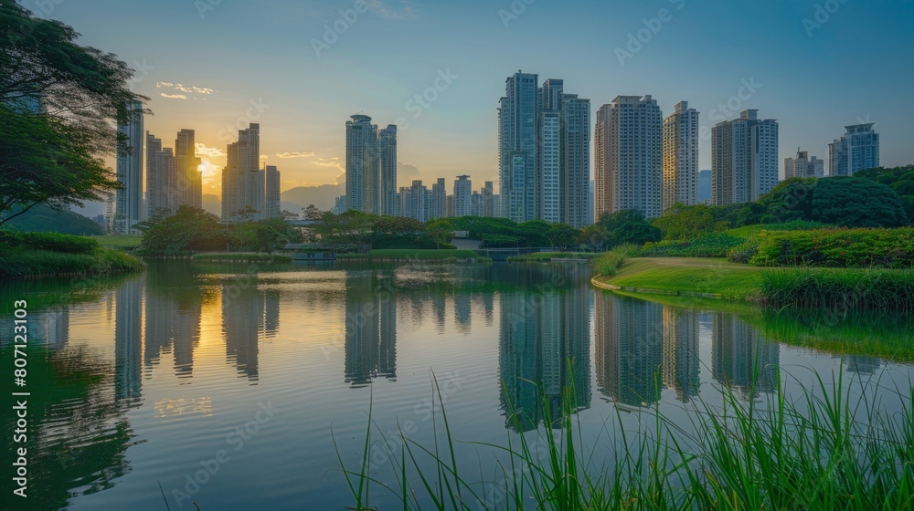 A tranquil urban sunrise scene featuring high-rise buildings mirrored in a calm lake with lush greenery.