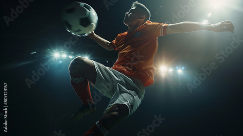 Soccer player in action on the field at night under spotlights photo