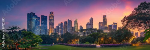 Stunning panoramic view of a city skyline at twilight with skyscrapers and a park