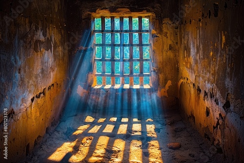 The sun tints the prison cell window with electric blue shades