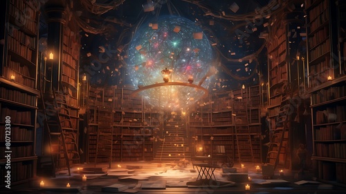 A magical library filled with ancient tomes and animated books that flutter open to reveal hidden knowledge and secrets long forgotten by the world. photo