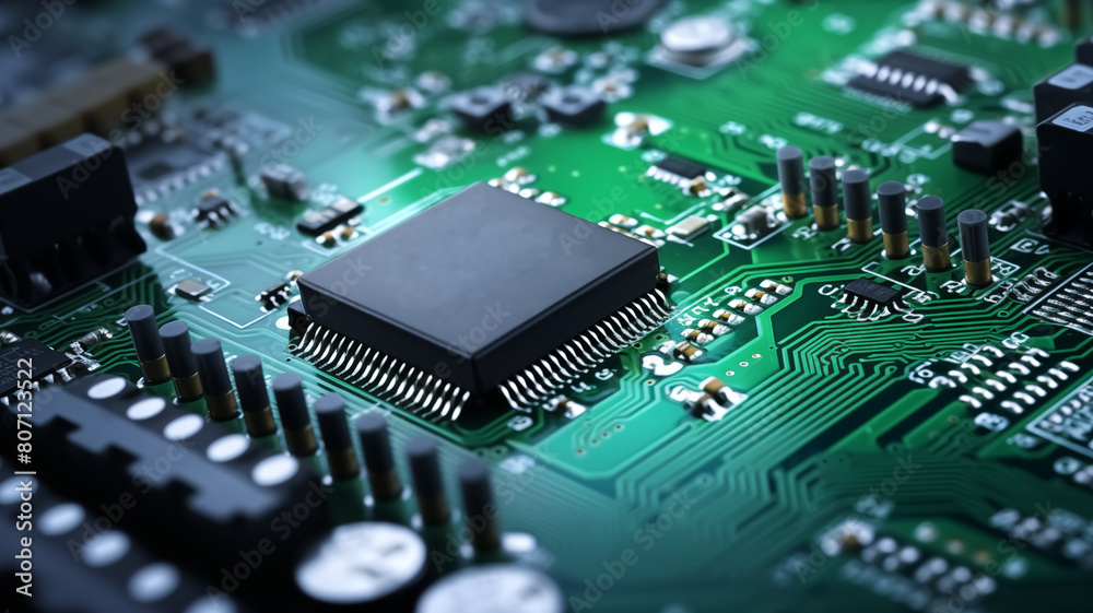 Detailed view of a microchip mounted on a complex green circuit board, highlighting electronic components.
