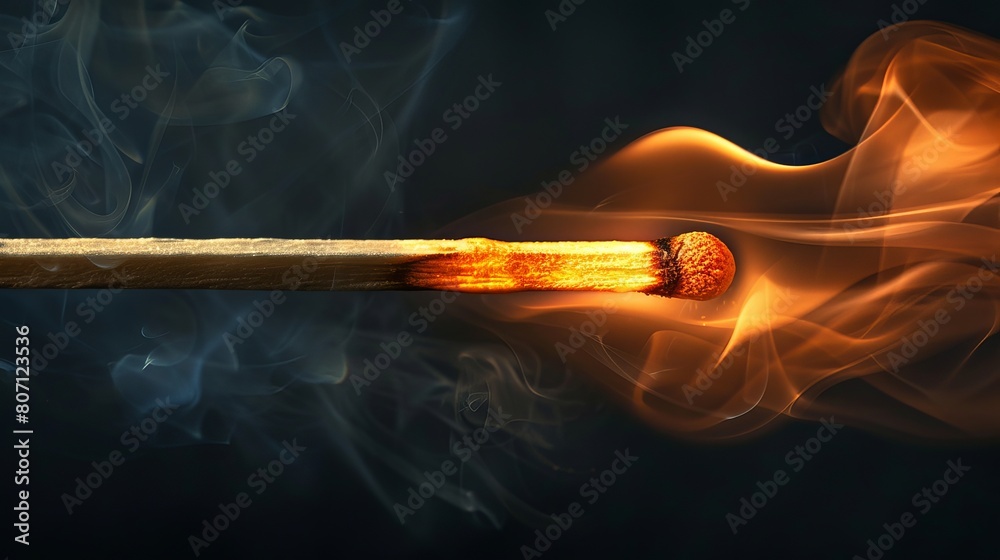 Horizontal burning matchstick isolated on a black background, emphasizing the flame and smoke. Horizontal burning matchstick isolated on a black background, emphasizing the flame and smoke.