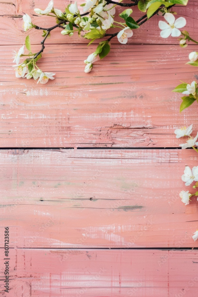 Fototapeta premium Blossoming Branches on Pink Wooden Background for Springtime