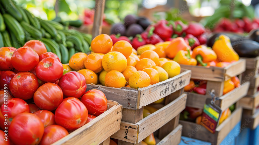 Fresh produce in baskets at local farmers markets Fresh produce in baskets at local farmers markets