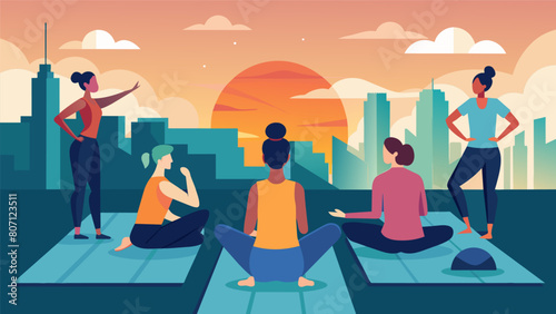 As the morning sun rises a group gathers on a rooftop for a fitness poetry session where they recharge their bodies and minds while watching the city. Vector illustration