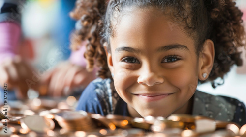 Photo of a young black girl Smiling cheerfully, generative ai. photo