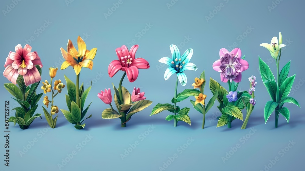A fantastic isometric set of flowers, blooming vibrantly in a model isolated on a solid color background