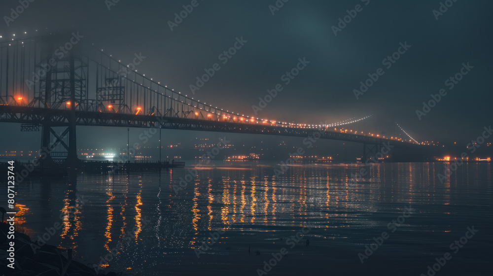 Fototapeta premium Foggy suspension bridge glowing with warm lights over calm water during early evening