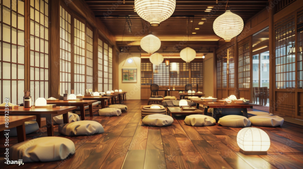 Design the restaurant interior to resemble a traditional Korean hanok ...