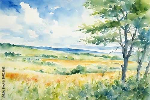 広大な大地　空　草原　山　景色　風景　水彩　木 photo