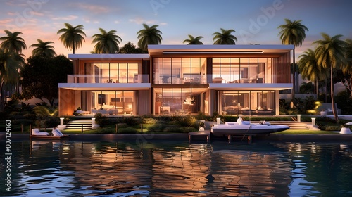 Luxury villa on the coast of the Caribbean Sea at sunset
