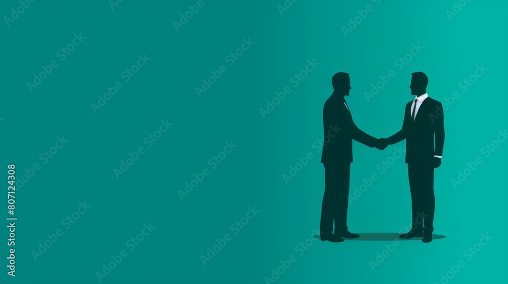 Men shaking hands against a green backdrop A separate panel shows a blue background with a black silhouette of a man in suit and tie Men shaking hands against a green backdrop A separate panel shows a blue background with a black silhouette of a man in suit and tie