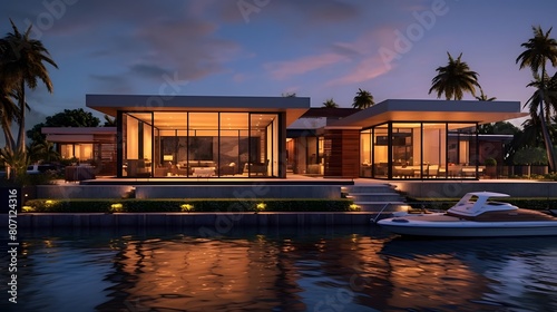 Luxury villa with swimming pool at night - panorama © Michelle