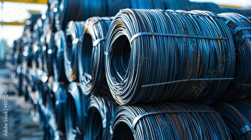 Illustration depicting coils of iron or steel wire stacked in the metal industry, showcasing raw materials used in manufacturing processes.