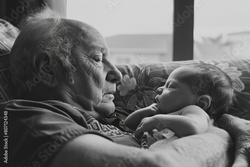 Monochrome photo of older man in grey suit holding a baby, both looking happy