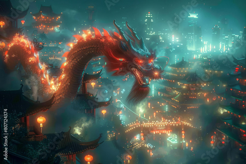 Graceful Chinese dragon navigates through vibrant cityscape of modern Asia at twilight, glowing under the brilliance of neon lights and lanterns photo