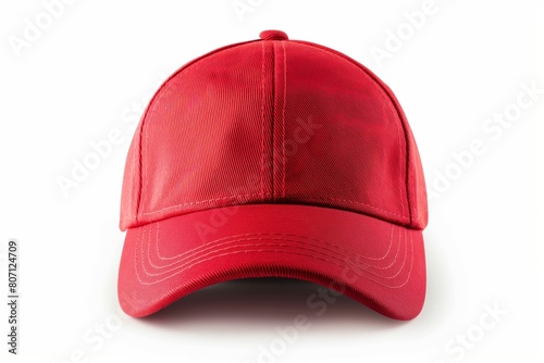 Close-up of a vibrant red baseball cap isolated on a white backdrop, with a clear view of the texture and design