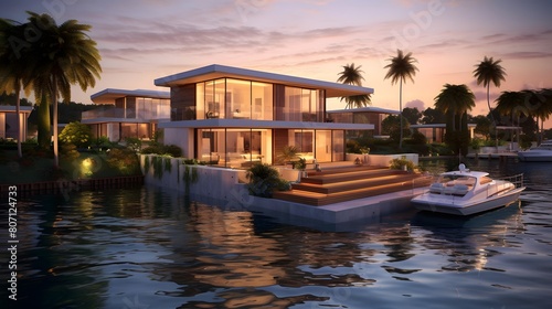Luxury villas on the shores of the Caribbean Sea at sunset