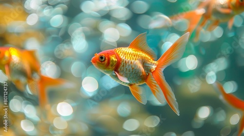 Close-up of vibrant goldfish gliding through shimmering coins in clear water, representing wealth in motion