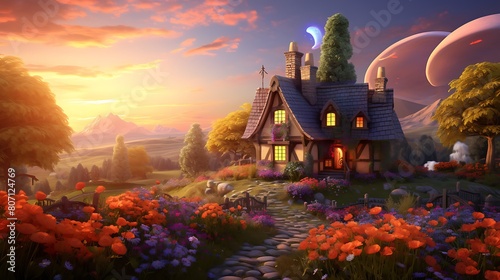 A quaint countryside cottage surrounded by animated fields of flowers and rolling hills, with smoke curling from the chimney and a warm glow emanating from within. photo