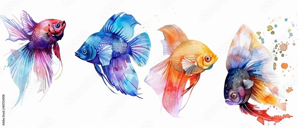 A set of fantastic watercolors of exotic fish, isolated minimal with white background