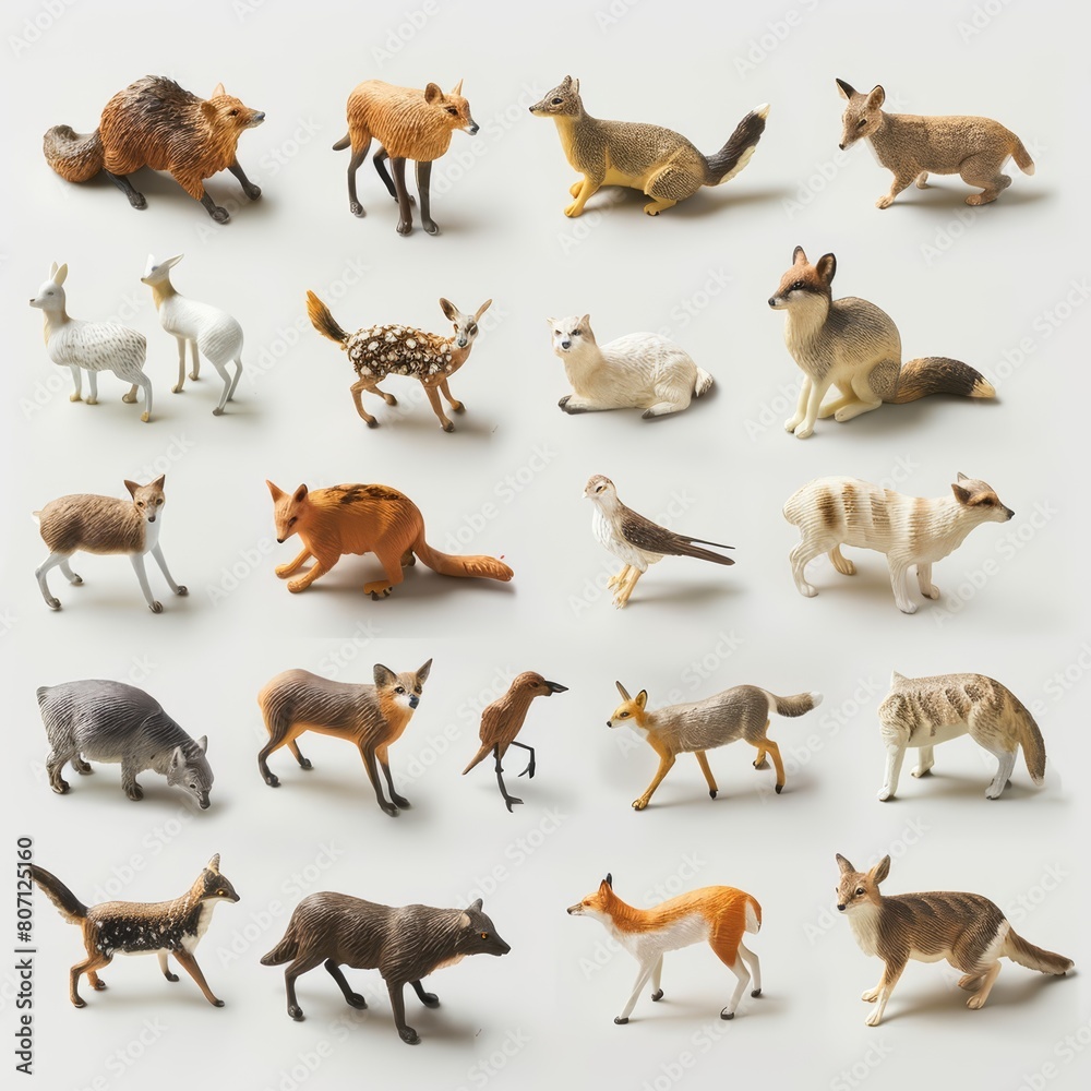 Obraz premium A set of tiny animal figures in dynamic poses, isolated minimal with white background