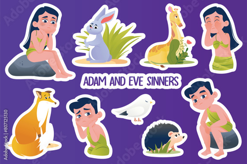 Set of stickers Adam and Eve sinners in flat cartoon design. This illustration shows the sadness and disappointment that Adam and Eve felt after committing the first sin. Vector illustration.