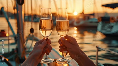 Group of friends having fun together and drinking champagne while sailing in the sea on luxury yacht, Traveling and yachting concept. Ai Footage.