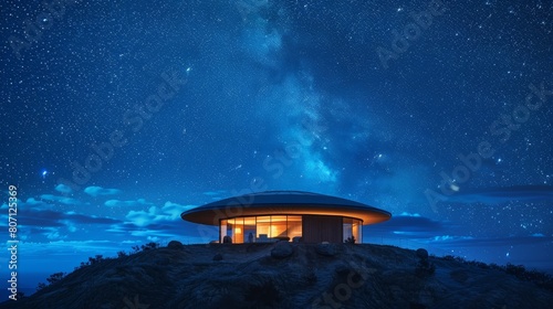 Close-up of a pavilion designed for star gazing, set under a brilliant cosmic sky, providing an isolated, celestial experience