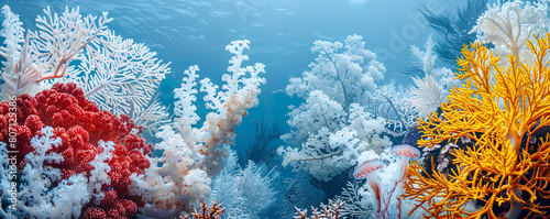 Beautiful colorful coral reef in tropical sea.nature environmental background.Coral bleaching with climate change concepts.summer and travel activity