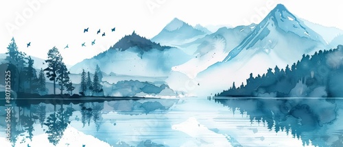 A small watercolor of a tranquil mountain lake  isolated minimal with white background